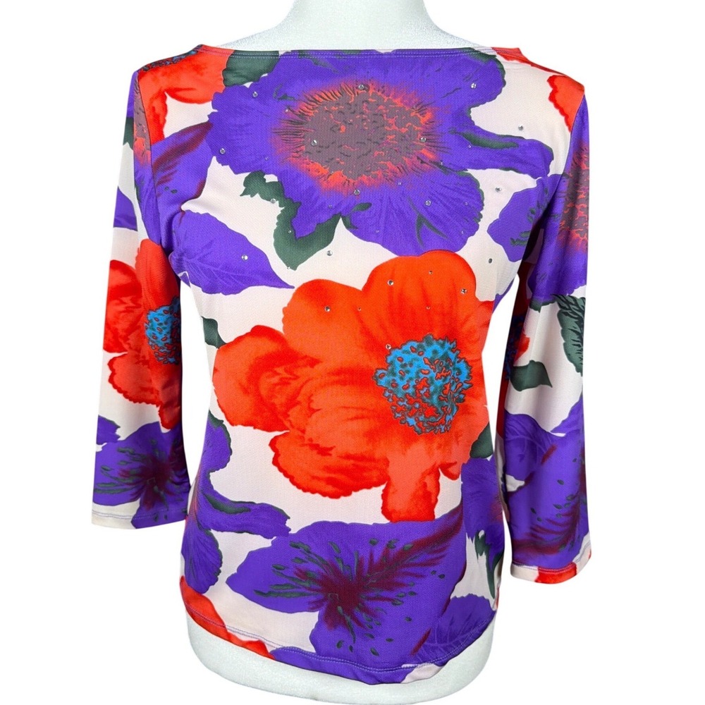 Jessica Max Womens Purple Orange Floral Poppy Rhinestone 3/4 Sleeve Blouse M USA